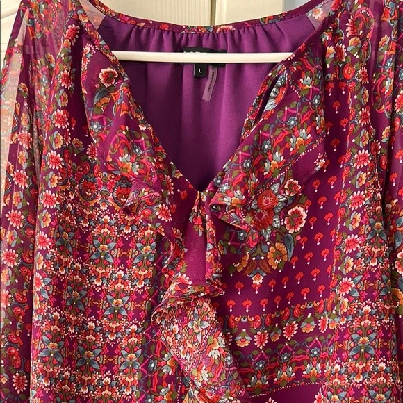 1. State Red and Purple Tie Front Ruffled Blouse - Picture 3 of 11